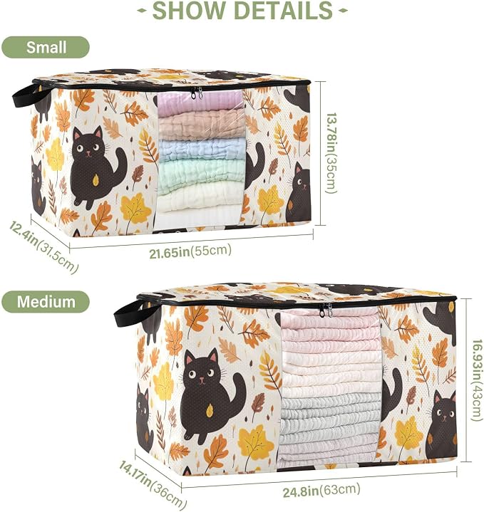 Generic Cute Cat Leaves Autumn Clothes Storage Bag Bins 2 Pack Foldable Storage Containers Large Closet Organizer with Zipper Storage Cubes for Clothing Comforters Bed Sheets 60L