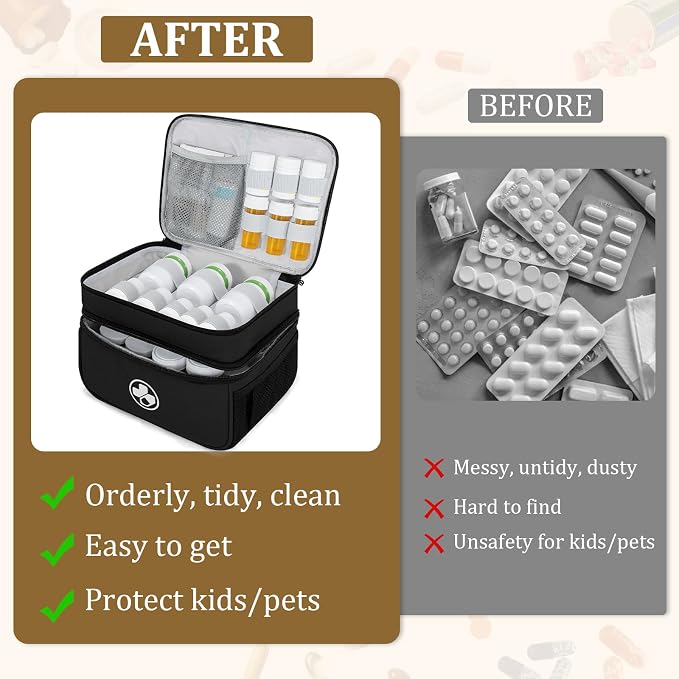 Dual Layers Medicine Organizer, Lockable Travel Pill Bag, Black | Adjustable dividers for neat pill organization. Durable zippers & portable design suit daily use, travel or first aid kit