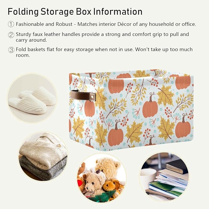 Fall Pumpkin Storage Basket Fabric Storage Bin Laundry Baskets Autumn Maple Leaves Foldable Storage Boxes Organizer Bag for Baby Cloth Dog Toy Book Storage Cubes Shelf Closet Basket 16×12×8 Inches