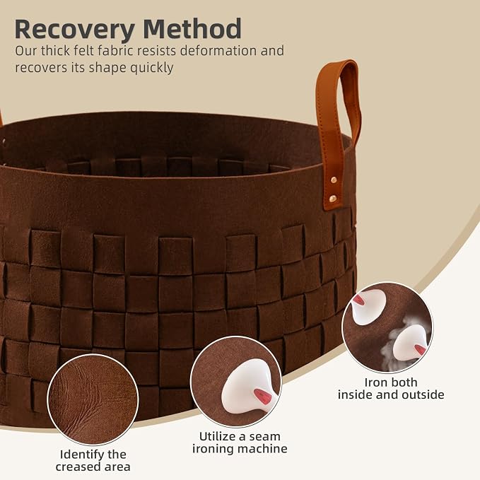 BOLDMONKEY Laundry Basket 20" x20 " x11.8 ", Large Felt Fabric Blanket Basket with Leather Handle, Dirt Clothes Laundry Hamper Round for Babies, Dogs and Living Room-Brown