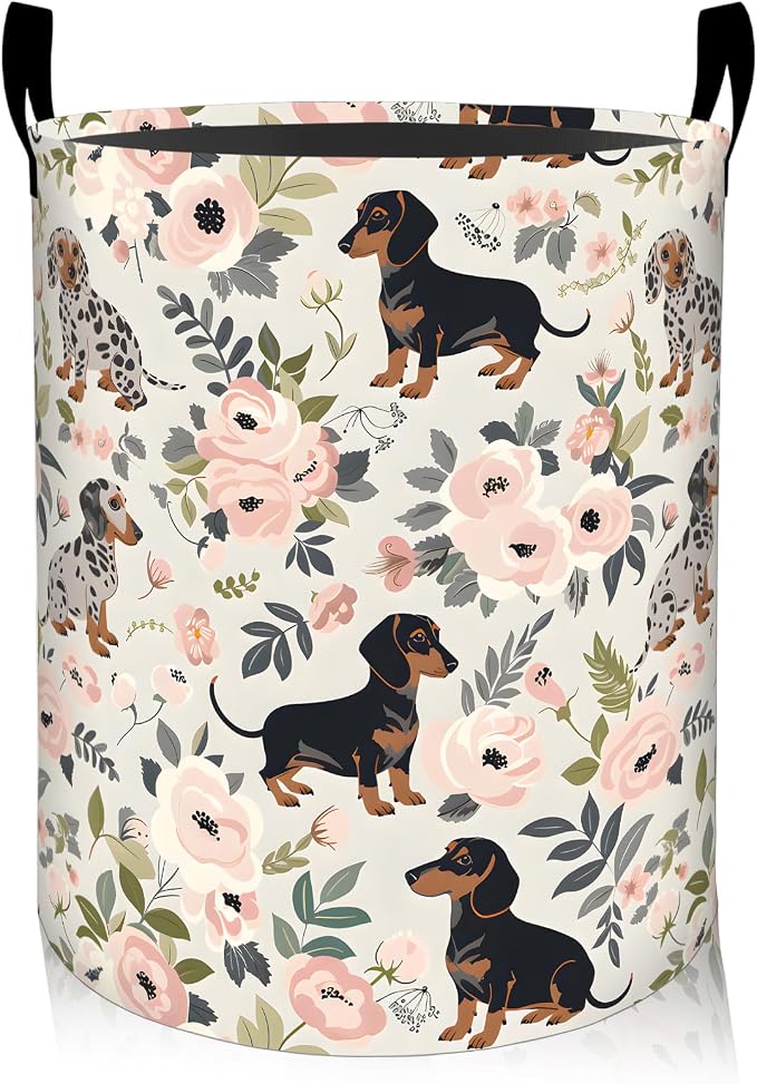 Floral Dachshund Dog Laundry Basket, Oxford Cloth Playful Dirty Clothes Collapsible Hamper for Room Decor, Flower and Puppy Print Gifts Toy Organizer 19.7 * 15.7 Inch for Bedroom Bathroom Dorm