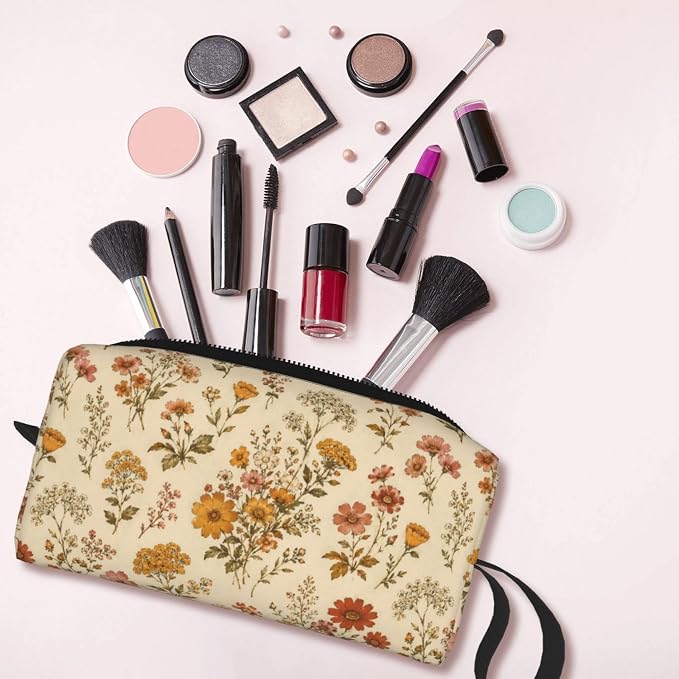 70s Vintage Wildflower Makeup Bag for Women | Small Travel Cosmetic Pouch with Zipper, Compact Makeup Organizer Bag for Purse, Toiletries, Skincare & Daily Essentials