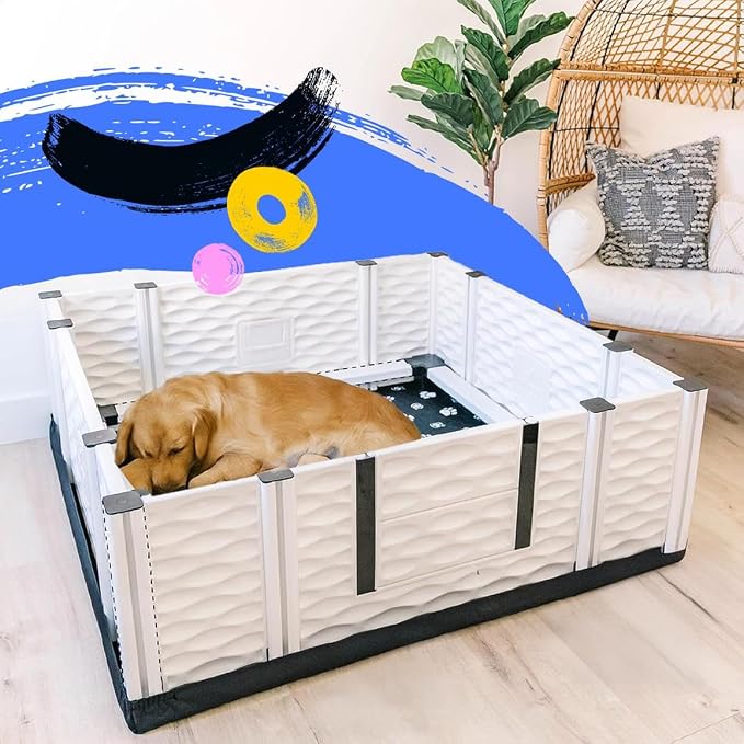 EZclassic Dog Whelping Box - Washable Pee Pad, Large 48"x48"x18" | Dog whelping box for large dogs features safety rails and liner with black pawprint design for easy cleaning and comfort