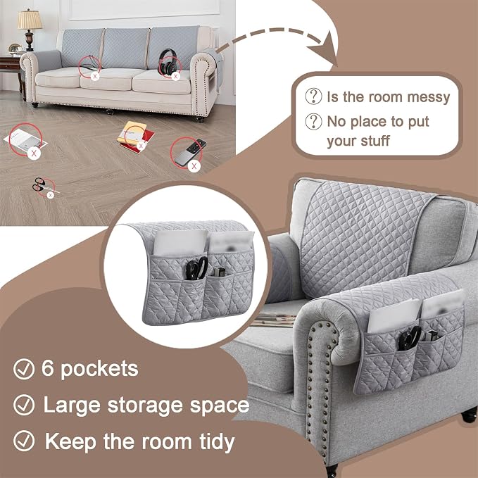 Water-Resistant Sofa Armrest and Headrest Covers with Side Pocket | Keep remotes close quilted polyester helps guard against wear, pet scratches, and kids' messes silicone backing adds grip