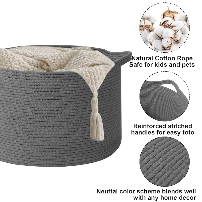 90L Extra Large Blanket Basket,Woven Rope Laundry Basket-Dark Grey | Collapsible, reinforced handles, nursery storage bin organizes clothes, toys and pillows for living room, bedroom bathroom.