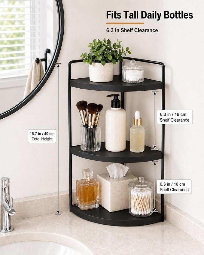 3-Tier Corner Bathroom Counter Organizer, Solid Pine Vanity Shelf, Black | Solid pine 3-tier corner shelf with 6.3 in clearance for tall bottles in bathroom, vanity, kitchen, or coffee bar.