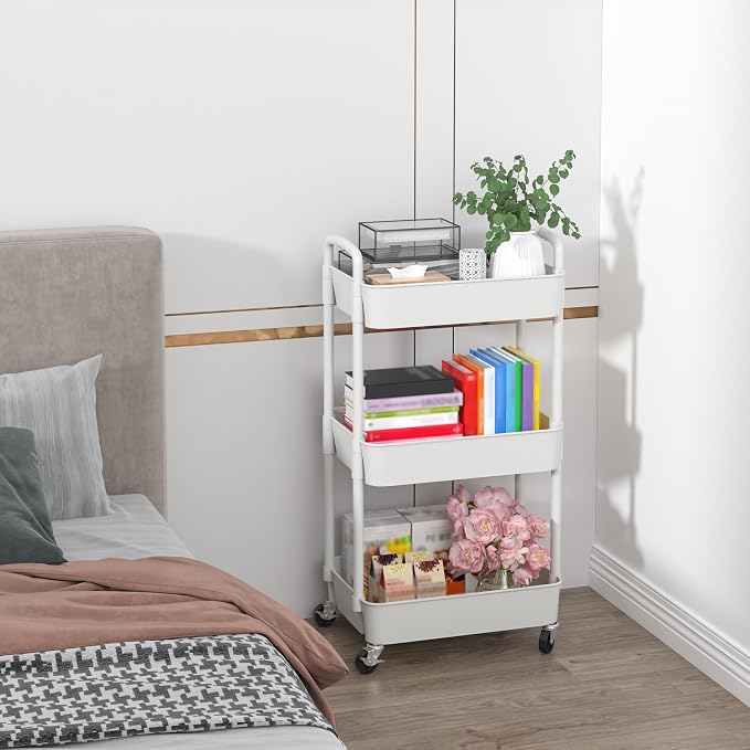 Sywhitta 3-Tier Plastic Rolling Utility Cart with Wheels for Storage,White | Multi-Functional Storage Trolley, for Office, Living Room, Kitchen, Bathroom,Movable Organizer,Space-Saving,Easy to assemble