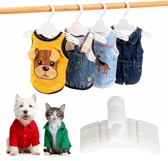 20 Pcs Dog Clothes Hangers 7 Inch White Plastic Pet Clothes Hangers with Non-Slip Clips, Cat Clothing Hangers, Pet Clothing Holders Coat Hangers for Small Pet Such as Dog & Cat Costumes