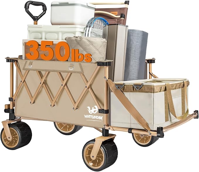 Whitsunday Collapsible Folding Wagon Heavy Duty Utility Beach Wagons with Opened Tailgate and All-Terrain Wheels for Camping,Garden,Sports Khaki
