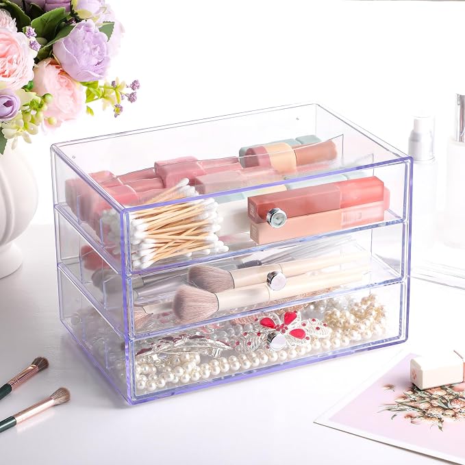 Wonderjune 1 Pack 3 Drawer Clear Washi Tape Organizer Acrylic Storage Box | 10 x 7 x 6.8 in, Divided Drawers, Clear Plastic Cube, Visible Storage for Craft Tape, Jewelry, Makeup Supplies