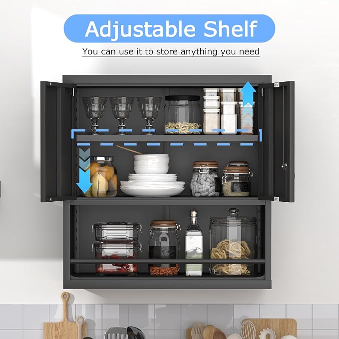 Metal Wall Cabinet, Garage Wall Cabinet with Lock, Wall Mounted Heavy Duty Steel Tool Cabinet with Door and Shelf, Locking Cabinet for Garage Warehouse Bathroom Kitchen, Black