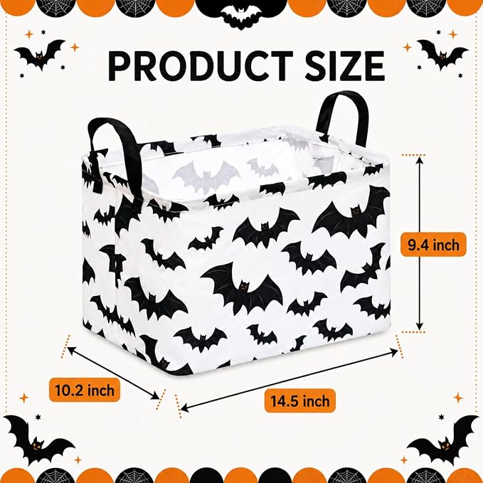 Halloween Batman Basket Gothic Bat Storage Kids Toy Organizer Room Decor | Collapsible Waterproof Kids Laundry Basket With Handles,Multi-scene Organizer for Home Bedroom,Black Bats Gift Bin