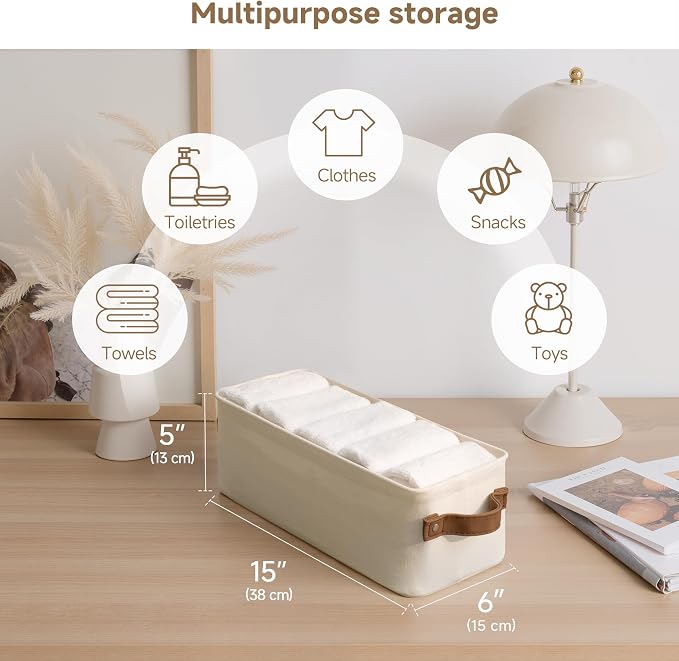 StorageWorks Narrow Storage Bins, Toilet Paper Storage, Natural, 2-Pack | With Metal Frame, Sturdy Structure, Reinforced PU Handles, Toilet Paper Storage, Small Baskets for Bathroom, Closet, Shelf