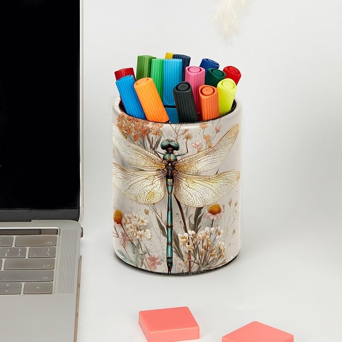 Dragonfly and Flower Pen Holder, Pencil Cup Marker Brush Holder Desk Storage Case, Desktop Organizer for School Office Home Supplies