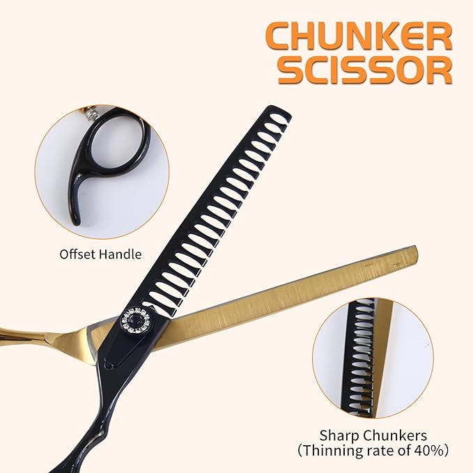 7 Inch Professional Dog Grooming Scissors Kit, 6 in 1 Grooming Scissors for Dogs, Pet Grooming Shears Set, Straight Scissor & Thinning Shear & Curved Scissor & Chunker Shear (Black Gold)
