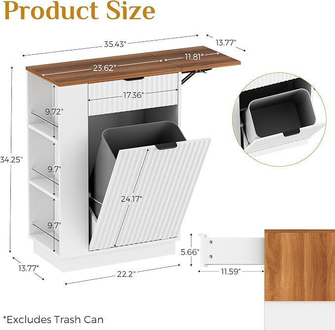 10 Gallon Tilt-Out Trash Can Cabinet with Drop Leaf, Drawer & Side Shelves.