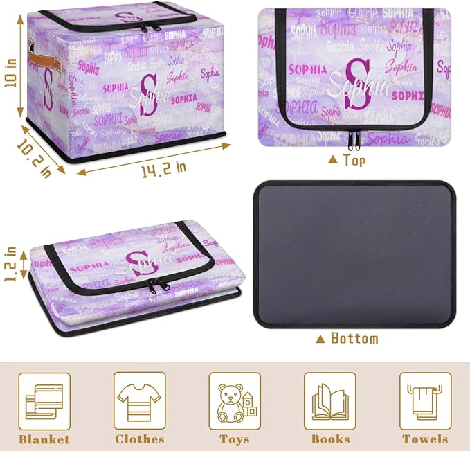 Custom Rectangle Storage Basket Zipper Lid, Personalized Name Organizer Bin for Pet/Children Toys, Books, Clothes, Perfect for Rooms/Playroom, Light Purple Marble Texture