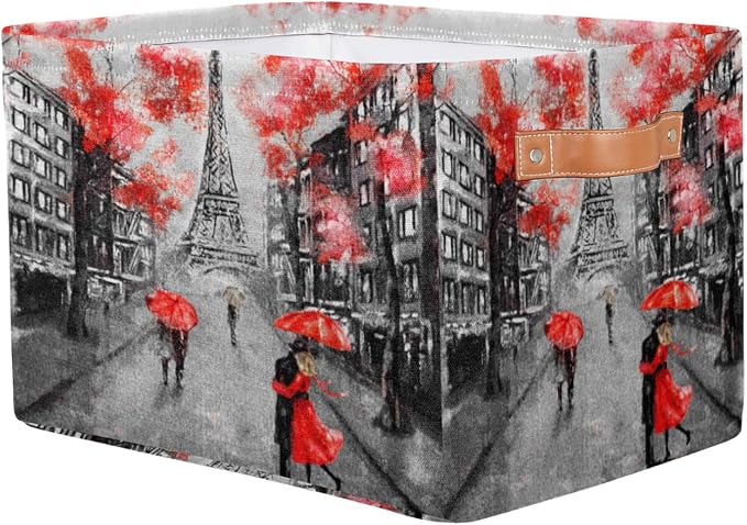 Pardick Eiffel Tower Storage Basket Bins Paris France Flower Toys Books Clothes Canvas Storage Box Cubes Rectangular Collapsible with Handles for Bedroom Nursery Home Office Decor Organizer Basket