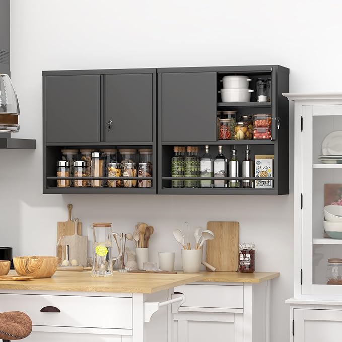 Metal Wall Cabinet, Garage Wall Cabinet with Lock, Wall Mounted Heavy Duty Steel Tool Cabinet with Door and Shelf, Locking Cabinet for Garage Warehouse Bathroom Kitchen, Black