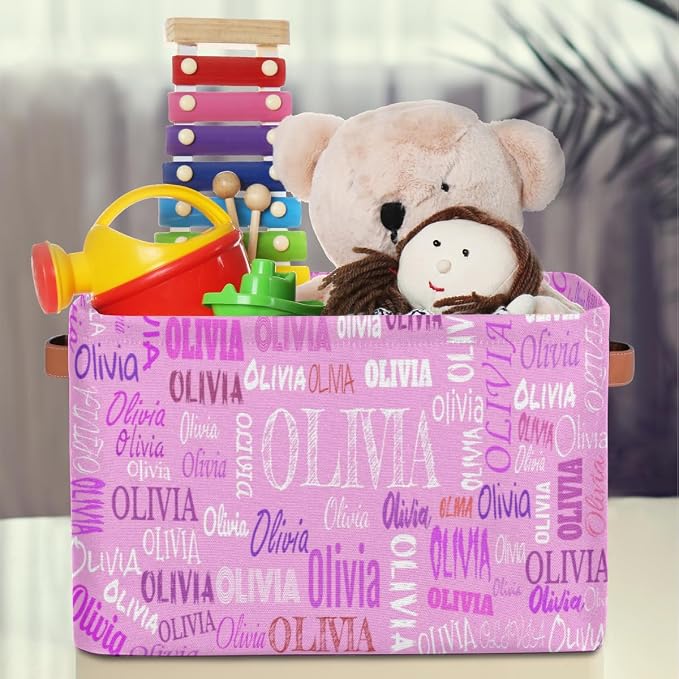 Personalized Name Rectangle Storage Bins, Pink Color Background | Organizing Boys Girls Pets Toys Closet Shelf Clothes Books