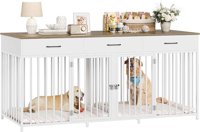 HOSTACK Double Dog Crate, 71"W Indoor Dog Kennel Furniture for 2 Dog, White | 3 Drawers for Easy Storage, Heavy-Duty Cage, Removable Divider, Slide Bolt Latch, Modern Farmhouse Pet House for XL/XXL Dogs