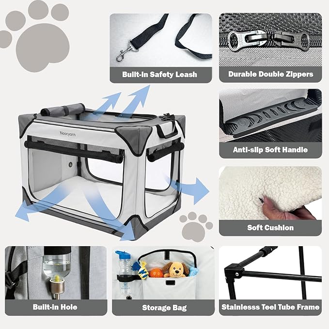 Collapsible Soft Dog Crate 36 Inch, Portable Travel Pet Crate for Large Dogs with 4-Door Mesh, Large Dog Kennel Indoor & Outdoor, Light Grey