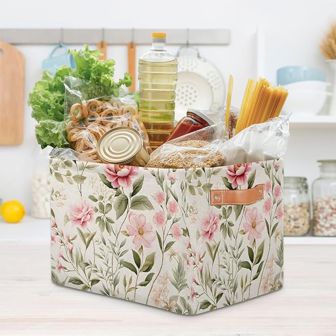 Wild Rose Flower Floral Rectangular Storage Bin Collapsible Storage Basket Organizer Boxes with Leather Handle Storage Cube for Shelves Toy Laundry Nursery 1 PC