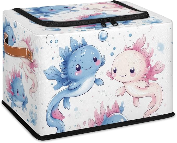 Ocean Axolotls Storage Bins With Zipper Lid, Trunk Organizer, Car Organizers and Storage Bins with Lids, Decorative Storage Boxes with Handle, Home Storage Baskets for Organizing