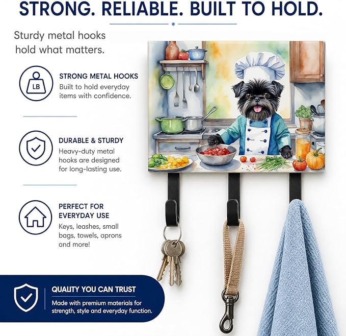 Caroline's Treasures Affenpinscher The Chef Leash or Key Holder Wall Hooks, Key Hooks Holder, Coat Rack Wall Mount, Coat Hooks, Hooks for Hanging Keys, Towels, Aprons, Leashes | Affenpinscher The Chef artwork on ceramic tile with three steel hooks for ...