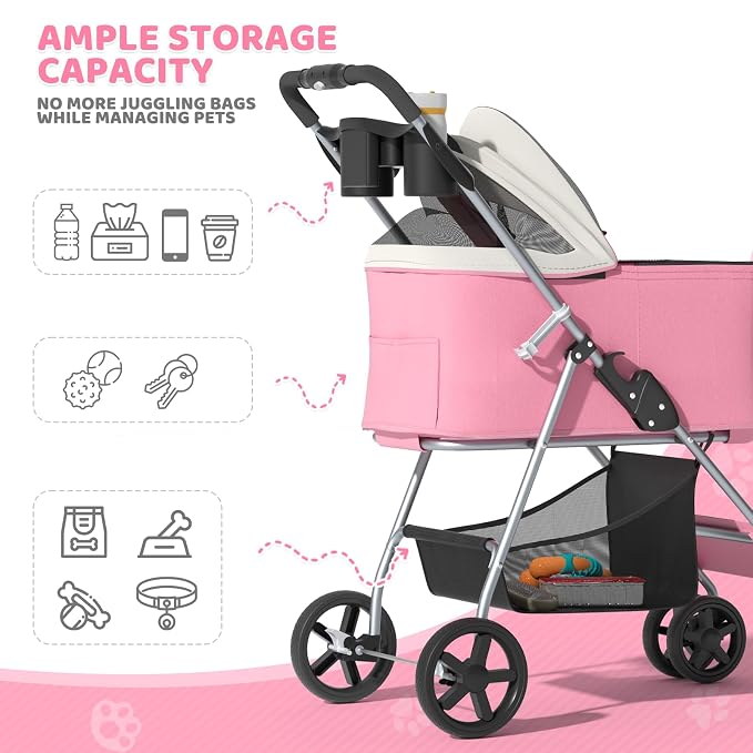 Magshion 3-in-1 Foldable Pet Stroller for Small to Medium Dogs and Cats | Dog Travel Jogger with Detachable Carrier, Cup Holder & Storage Basket, For Small/Medium Dogs & Cats Up to 33 lbs