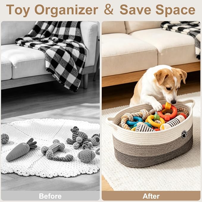 Dog Toy Basket, White & Brown, 2 Pack Toy Box and Bin for Dog Cat Storage, 20" X 11" X 8" Large Woven Rope Basket, for Blanket Storage, Living Room, Bedroom