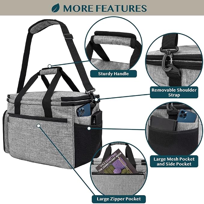 PAVILIA Knitting Bag Yarn Storage Tote, Large Crochet Organizer Bag, Yarn Storage Holder for Crocheting Knitter, Knitting Project Bag, Crochet Accessories Set, Gifts For Crochet Lovers, Heather Grey