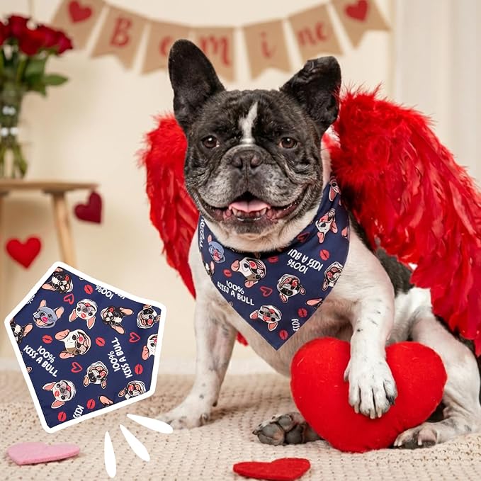 Holiday Dog Bandanas for Valentine's Day - Cute French Bulldog Pattern & Fun Lettering Costume Pet Scarf with Snap Button for Large & Extra Large Breeds 75lbs+