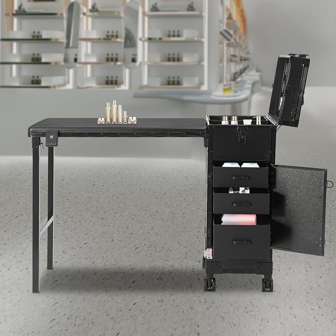 Professional Cosmetic Trolley Storage Organizer, Foldable Nail Tables Travel Cosmetic Trolley Storage Organizer w/ 4 Drawers Mirror & Speaker for Hair Stylists Pet Groomers Makeup (Black)
