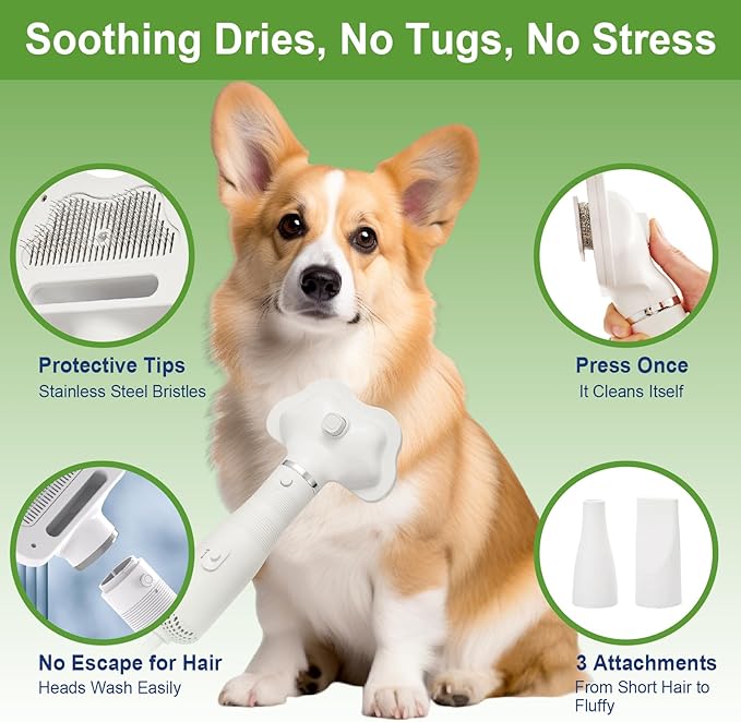 Professional Pet Grooming Dryer Brush – 3-in-1 Dog Blow Dryer with Slicker Brush, Adjustable Temp, Overheat Safe, Salon Quality