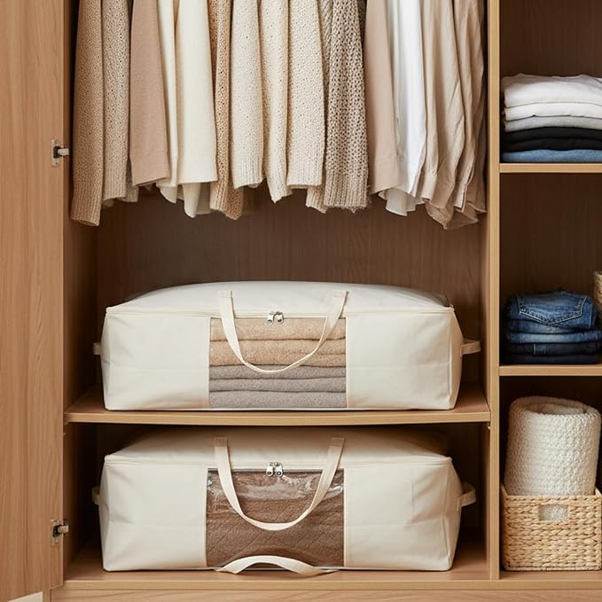 Comforter Storage Bags 70L Canvas Closet Organizer Clothes Container 4 Pack | Canvas Fabric, Reinforced Handles, Foldable Design, for Clothing Comforters Pillows and Toys, Dorm Bedroom and Closet Use