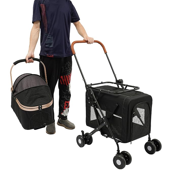 Pet Stroller for Small Medium Dogs Up to 77lbs, Folding Pet Carriage Cart for Dogs Cats, 360° Swivel Front Wheels Portable Cat Puppy Jogging Stroller with Storage Pocket & Safety Lock