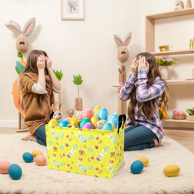 Large Empty Easter Basket for Kid Yellow Fabric Personalized Bunny Eggs Easter Gift Basket for Boy and Girl (Rabbit Chicken)