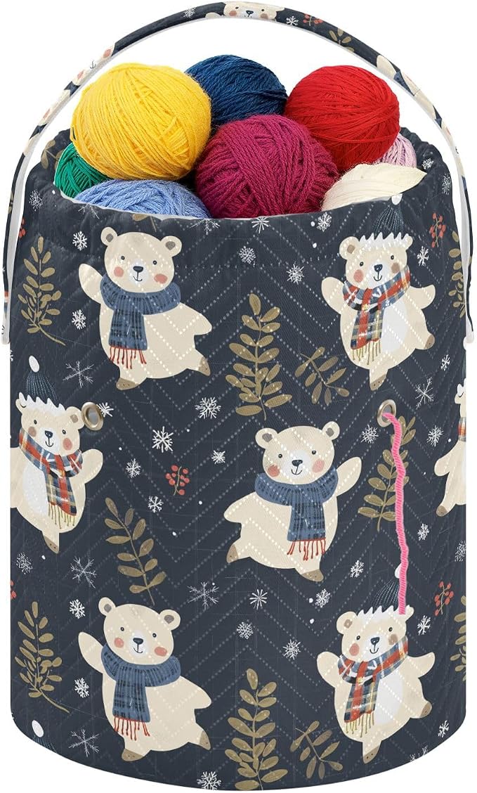 Fustylead Xmas Happy Bears Over Blue Plaid Checked Yarn Storage Bag and Knitting Crochet Tote, Large Yarn Drawstring Basket for Crocheting Kit, Project, Sewing Supplies, Needles