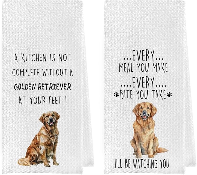 Golden Retriever Dish Towels Set - Golden Retriever Decorative Waffle Weave Kitchen Towels, Hand Tea Towels for Bathroom Kitchen (16×24 Inches Set of 2)