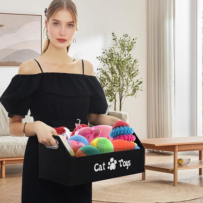 19.7 Inch Cat Toy & Supplies Storage Organizer with Metal Handles | Foldable Fabric Bin Kitten Pet Chest Trapezoid Container for Organizing Cats Clothes Accessories