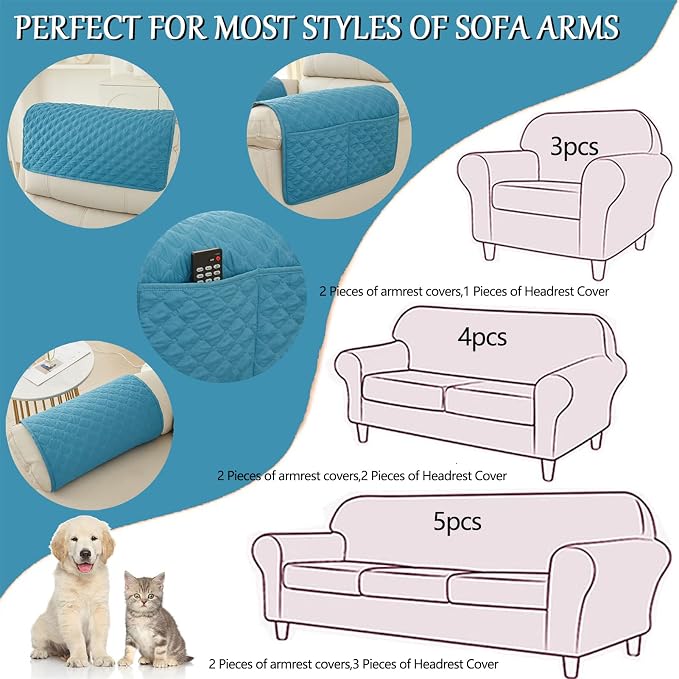 Water-Resistant Sofa Armrest and Headrest Covers, 2 Pockets | Quilted polyester helps shield recliners, loveseats and sofas from daily wear; silicone backing and fasteners improve grip