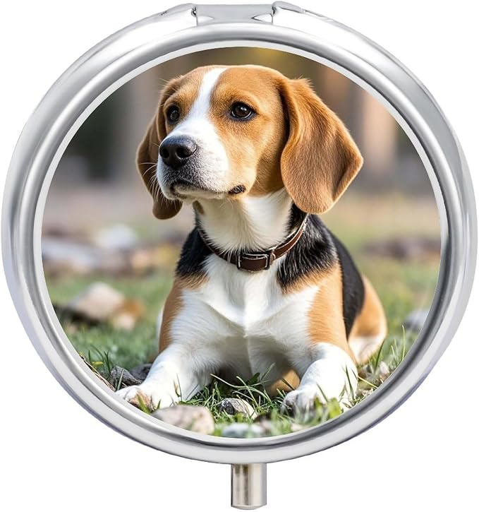 Pet Dog Beagle Round Metal Pill Organizer 3 Compartment Travel Pill Case with Mirror Waterproof & Leak-Proof for Daily Meds Vitamins Supplements Fits in Purse Pocket Bag