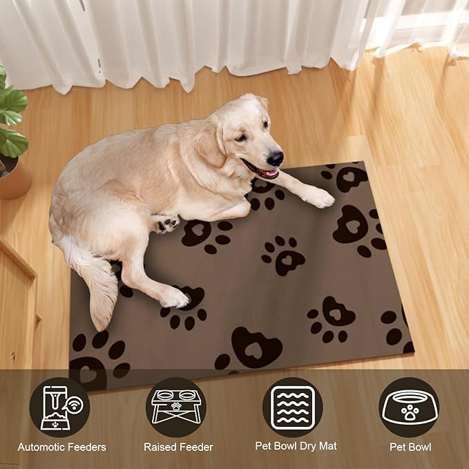 BLESWIN Pet Feeding Mats 12"x20", Water Absorbing Mat for Dog Bowl, Water Bowl Mat for Dogs Waterproof, Non Slip Mat for Dogs, Dog Water Bowl Mat for Messy Drinkers, Cat Mat for Food and Water, Brown