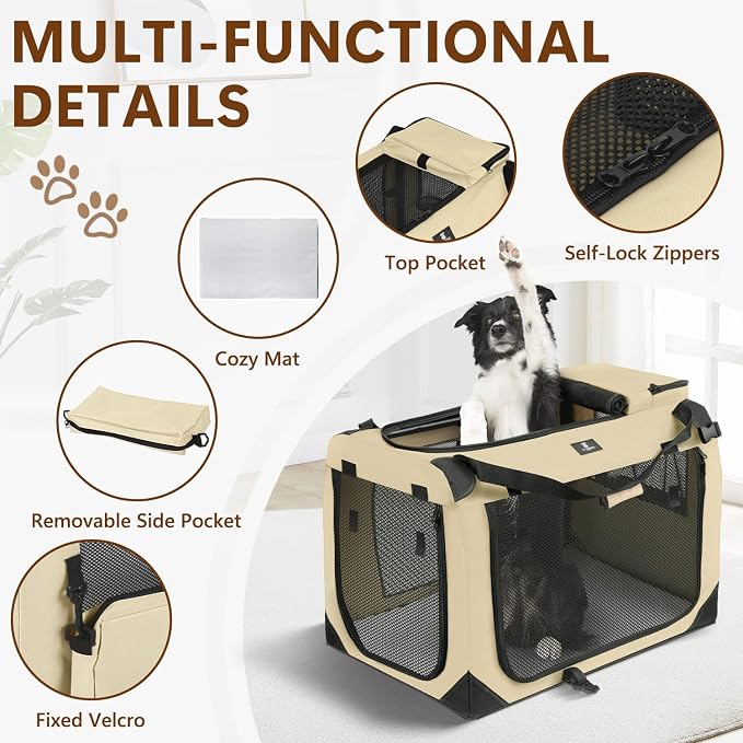 X-ZONE PET Dog Crate 3-Door Kennel, Collapsible Portable Soft Sided Pet Carriers for Indoor & Outdoor, Multiple (36-Inch, Rice White)