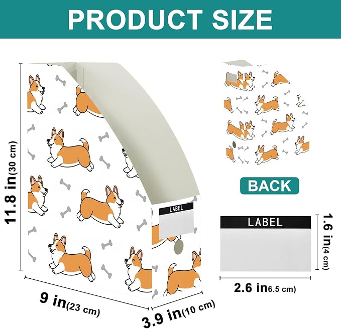 Emelivor Cute Pets Dogs White Pattern Magazine Holder Set of 3 Desk File Organizer Water-resistant Vertical Folder Holder with Labels for Office Organization File Box for Classroom Home Library
