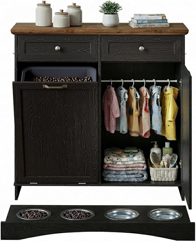 Furnaza Pet Feeding Station with 4 Bowls,Dual Doors Dog Cabinet Storage | Black 39.7"W Dual Doors Pet feeding station with storage for dogs and cats, Pet Food Storage for Kitchen, Living Room