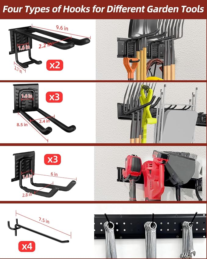 Garage Tool Organizer Wall Mount, 64in Tool Rack, 560LBS Capacity | Thick Steel, 12 Hooks in 4 Types, Rustproof Waterproof, Soft Anti-Scratch Hooks, With Storage Straps, For Garden Tool Storage