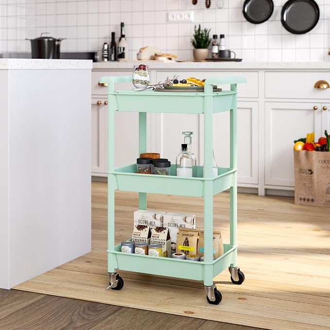 Steehoom 3-Tier Utility Rolling Cart with Cover Top Board, Mobile Utility Cart with Lockable Casters Multi-Functional Storage Trolley for Office, Bathroom, Kitchen, Garden, Laundry Room (Green)