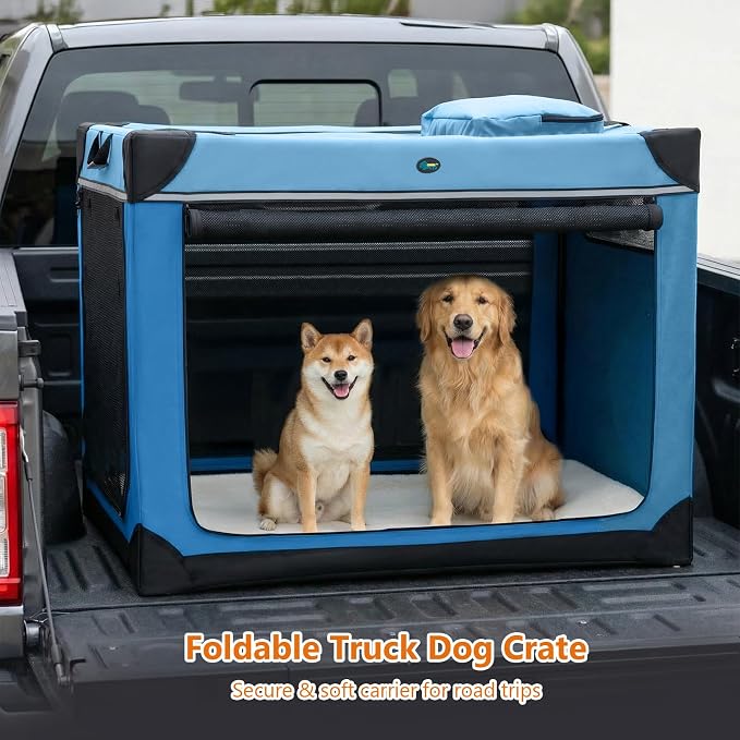 Ownpets Collapsible Dog Crate, 42 inch Portable Travel Dog Crate for Large Dogs, 4-Door Foldable Pet Kennel with Durable Mesh Windows & Soft Mat, Blue | Foldable, Portable, 4-Doors, 4-Side Mesh Windows, Steel Frame Oxford Cloth, Soft Cushion Mat, Leash...